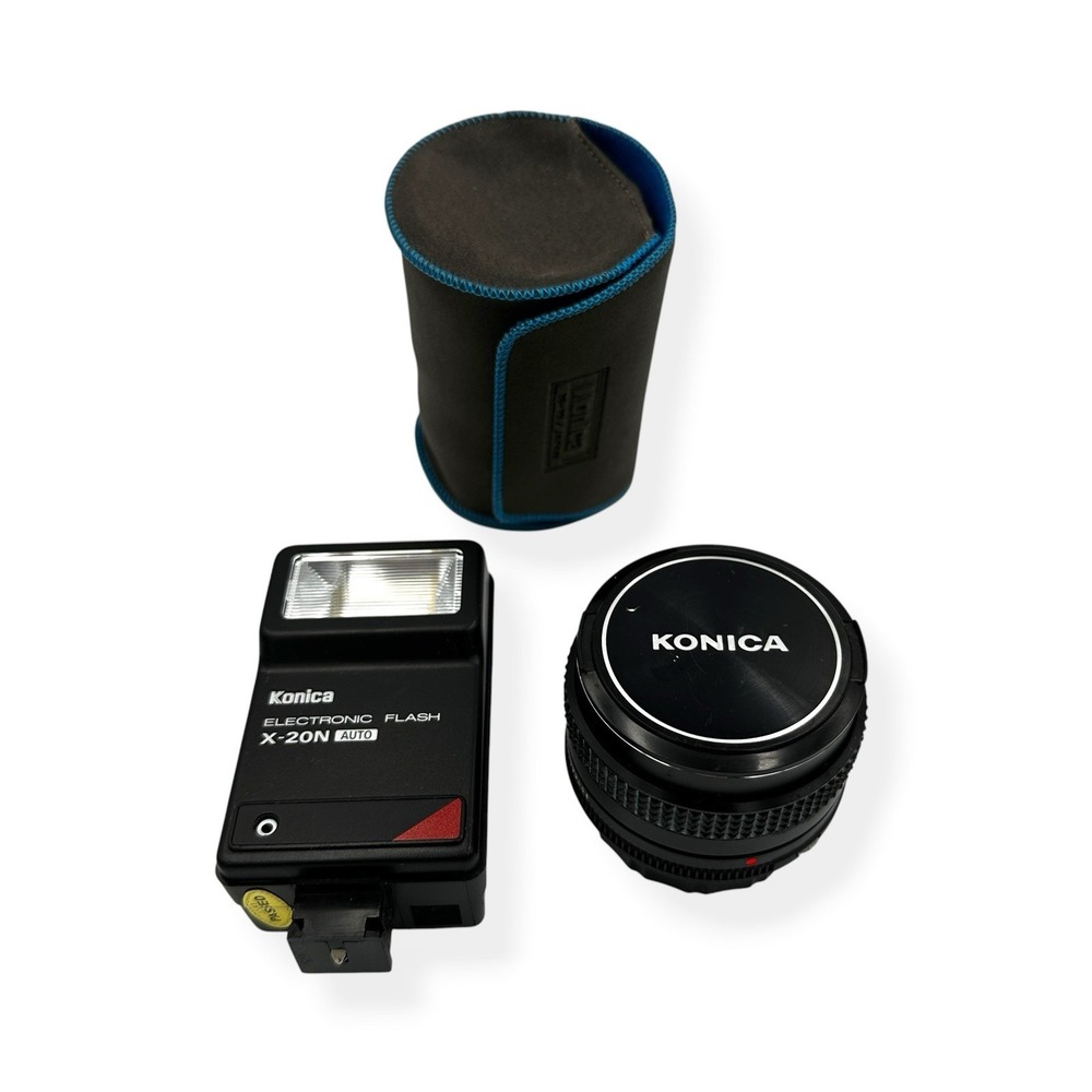 Konica Hexanon AR 50mm f/1.8 Lens with Electronic Auto Flash X-20N & Case Japan